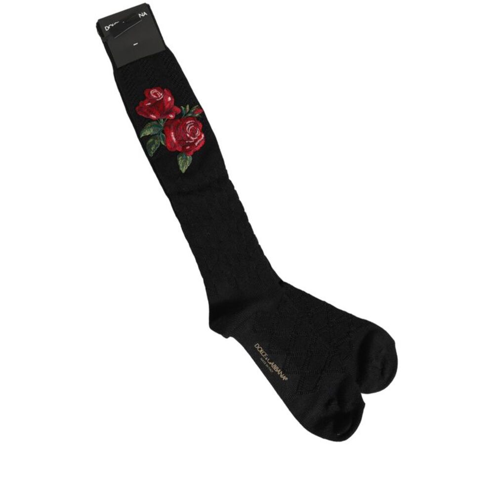 Dolce & Gabbana Black Wool Floral Over The Calf Accessory Women's Socks